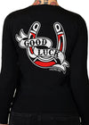 black cardigan with good luck horseshoe on the back by cartel ink for pinky star