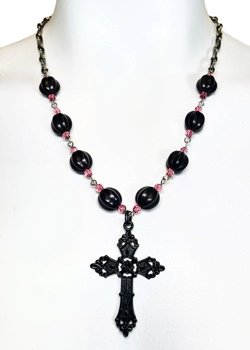 black and pink gothic cross necklace by pinky star